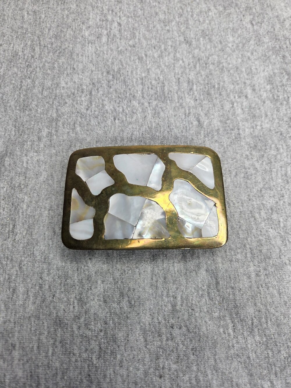 Vintage Mother of Pearl Mosaic Belt Buckle Brass Alpaca Mexico Handmade Rare